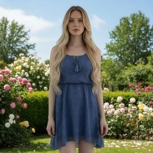 NWOT No Comment Blue Lace Boho Asymmetrical hem Dress